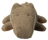 The Maileg Crocodile, Small - Olive Green is a huggable plush toy with a simple design, soft towel-like fabric, black stitched eyes, and stubby legs—ideal for soft toy fans.