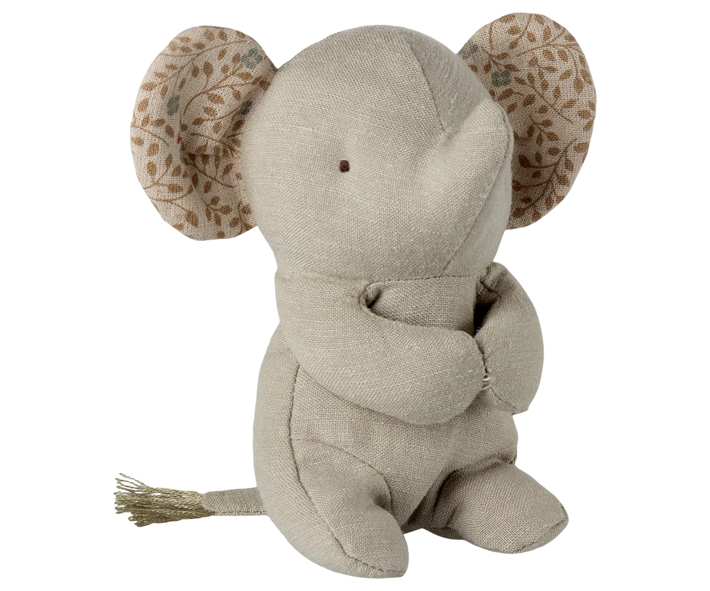 The Maileg Lullaby Friends Elephant, Mini in Iron Grey is a soft toy with patterned ears, a tassel tail, and embroidered details. This cuddly companion sits upright and makes a charming newborn gift. Expected arrival: 04/15/26.