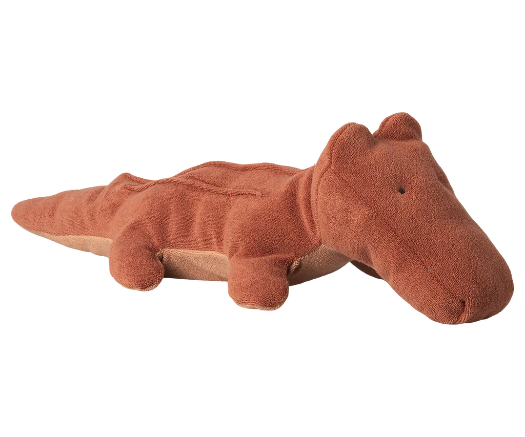 The Maileg Crocodile, Medium – Vintage Rose is a rust-brown plush with outstretched legs and simple stitched features, making it a charming, huggable addition to any stuffed animal collection.