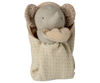 The Maileg Lullaby Friends, Elephant, Mini in Iron Grey is a soft toy with patterned ears, wrapped in a cream polka-dot blanket—perfect as a cozy, cuddly gift for newborns.
