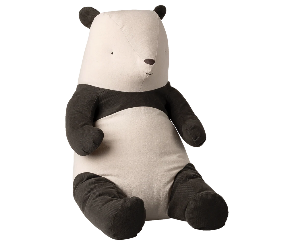 The Maileg Panda Stuffed Animal, Large, features a rounded body with black arms and legs, and a white face and belly. This plush toy sits upright against a plain white background.
