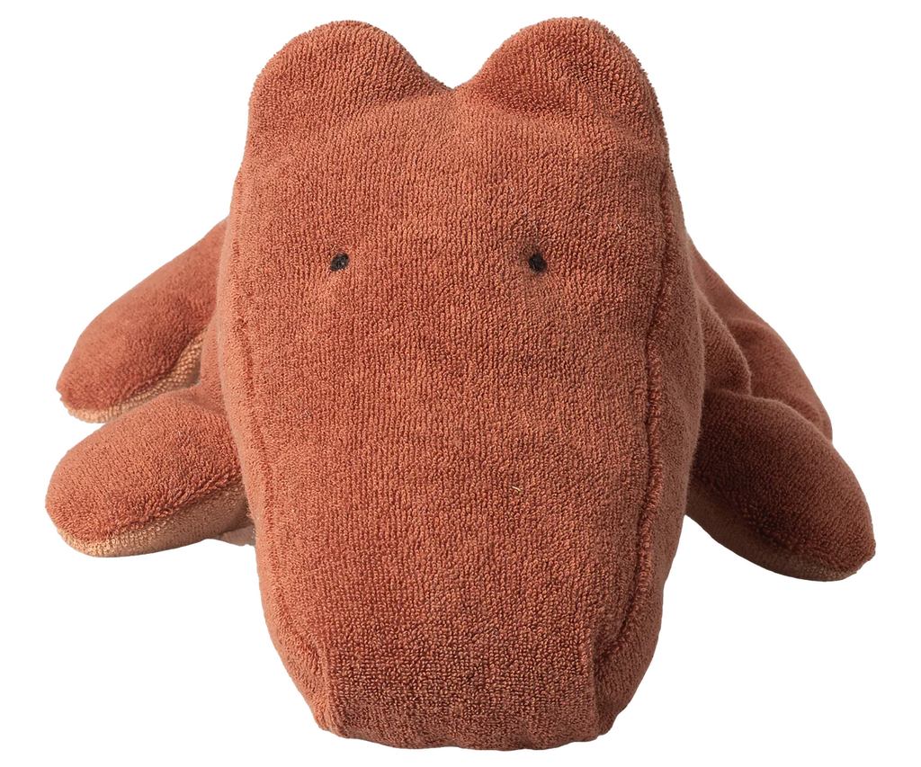 The Maileg Crocodile, Medium - Vintage Rose (expected 06/15/26), is a soft brown plush toy with small black eyes and stitched features, shaped like a crocodile—a perfect huggable addition to any stuffed animal collection.