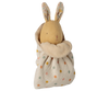 Maileg Lullaby Friends, Bunny, Mini - Cream Yellow is a soft toy with stitched features and long ears, wrapped in a cream-yellow polka dot blanket—an adorable newborn gift.