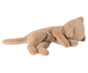 The Maileg Sleeping Kitten Plush, Small - Cream Peach, made from polyester, rests on its side with closed eyes and a pink beaded collar, creating an adorable scene reminiscent of a kitten peacefully napping.
