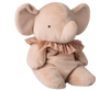 The Maileg Elephant Plush, Big - Powder, made from recycled polyester, features large ears, a small trunk, and a brown lace ruffled collar. It sits upright against a white background. Expected arrival: 03/15/26.