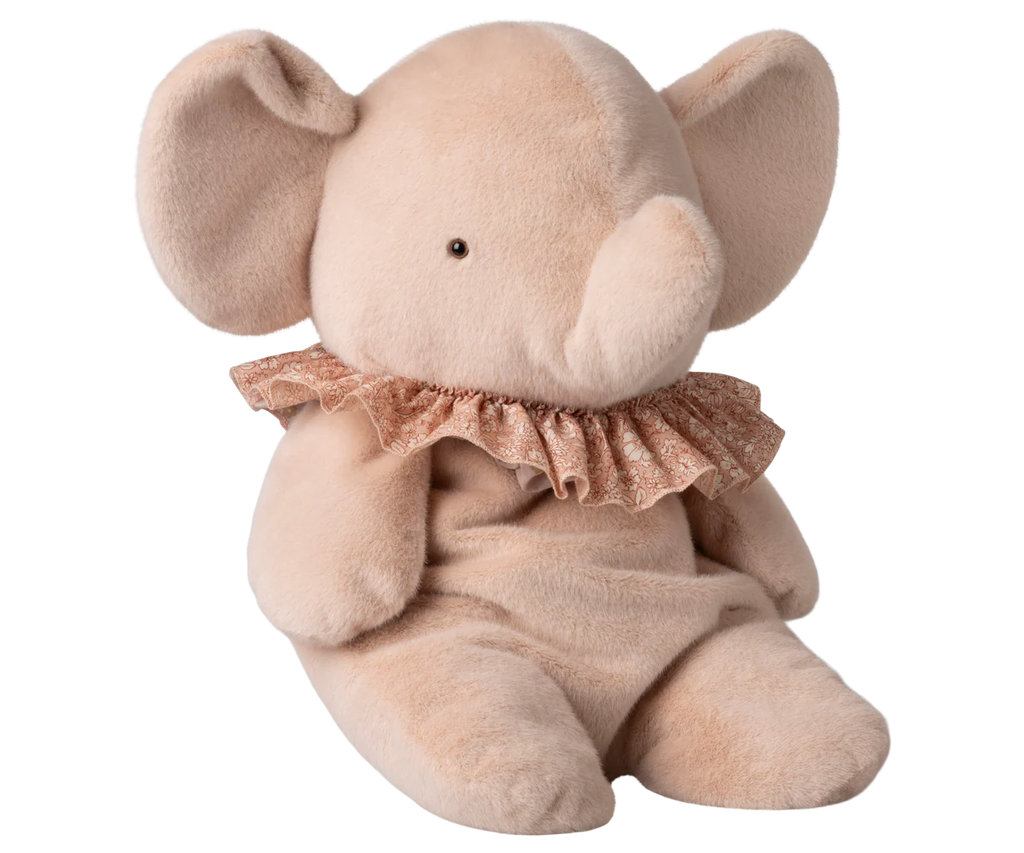 The Maileg Elephant Plush, Big - Powder, made from recycled polyester, features large ears, a small trunk, and a brown lace ruffled collar. It sits upright against a white background. Expected arrival: 03/15/26.