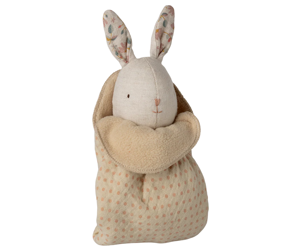 Maileg Lullaby Friends, Bunny, Mini - Nature features embroidered details, long patterned ears, and a light beige polka-dot outfit with a fleece-lined blanket—an ideal newborn gift. Expected arrival: 04/15/26.