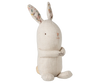 The Maileg Lullaby Friends Bunny, Mini - Nature, is a beige fabric toy with an embroidered face and patterned inner ears, sitting upright—perfect as a newborn gift.