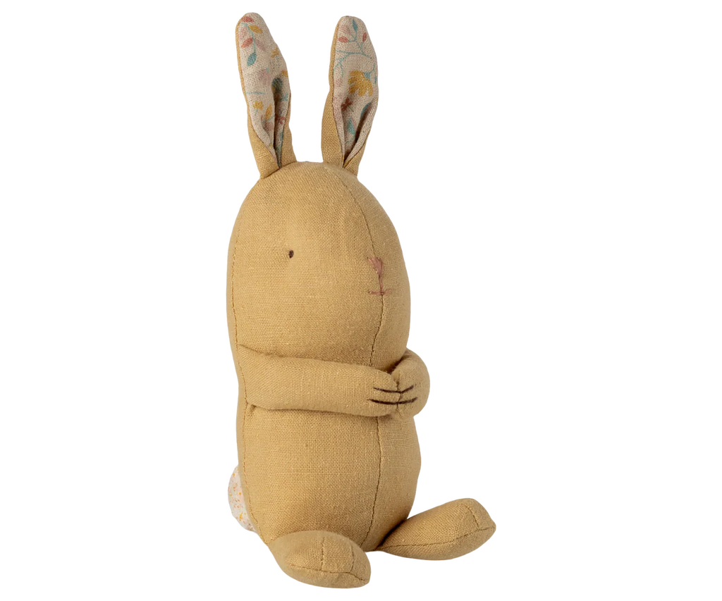 Maileg Lullaby Friends, Bunny, Mini - Cream Yellow sits upright with floral-patterned ears and embroidered features against a white background—an ideal newborn gift. Expected arrival: 04/15/26.