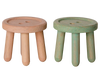 PRE-ORDER: Maileg Stool Set, Mouse—includes two small stools with three legs and button-like tops (one light rose, one light mint), each featuring two button-style holes. Estimated arrival: mid July.