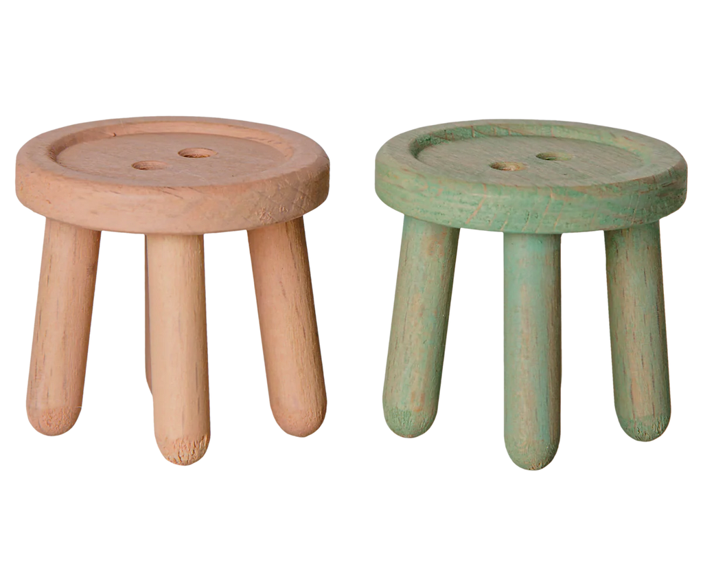 PRE-ORDER: Maileg Stool Set, Mouse—includes two small stools with three legs and button-like tops (one light rose, one light mint), each featuring two button-style holes. Estimated arrival: mid July.