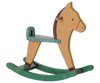 PRE-ORDER: Maileg Rocking Horse, Mouse - Light Brown. This charming wooden rocking horse features a tan body, green seat and curved green rockers with painted details and a handle stick. Estimated arrival early September.