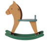 The PRE-ORDER: Maileg Rocking Horse, Mouse - Light Brown features a classic design with a tan body and green accents, shown in profile against a white background—perfect for fans of timeless wooden toys. Estimated arrival early September.