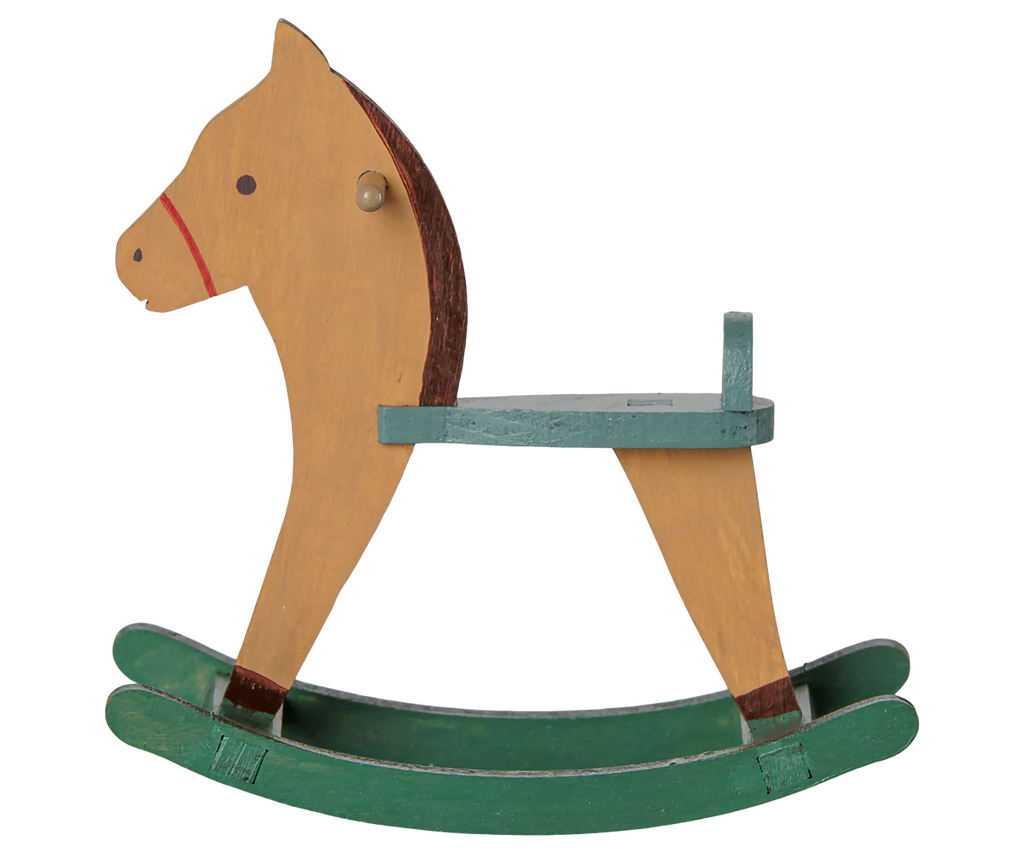The PRE-ORDER: Maileg Rocking Horse, Mouse - Light Brown features a classic design with a tan body and green accents, shown in profile against a white background—perfect for fans of timeless wooden toys. Estimated arrival early September.