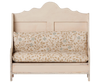 PRE-ORDER the Maileg Kitchen Bench, Mouse - Light Sand (arrives mid-September): a vintage-style wooden bench with a high back, painted cream and featuring a comfy beige cushion with light brown and pale green leaf and vine patterns.