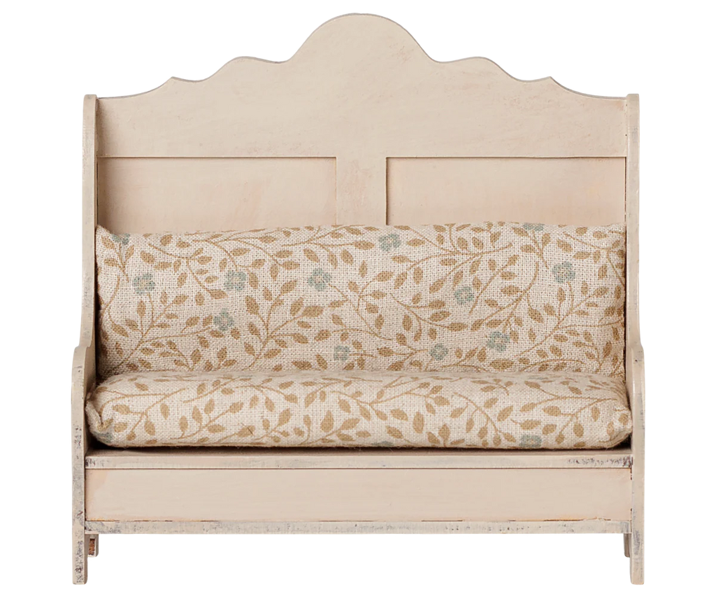 PRE-ORDER the Maileg Kitchen Bench, Mouse - Light Sand (arrives mid-September): a vintage-style wooden bench with a high back, painted cream and featuring a comfy beige cushion with light brown and pale green leaf and vine patterns.