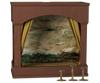 PRE-ORDER: Maileg Theater With Light, Mouse Size (arriving mid-November). This miniature brown wooden theater features yellow checkered curtains, a swan pond backdrop, and three brass candle holders in front of the stage.