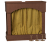 The PRE-ORDER: Maileg Theater With Light, Mouse Size (arriving mid-November), features a brown wooden design with an arched opening, yellow checkered curtains, three brass trumpets in front, and a reversible backdrop for added charm.