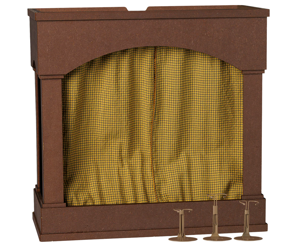 The PRE-ORDER: Maileg Theater With Light, Mouse Size (arriving mid-November), features a brown wooden design with an arched opening, yellow checkered curtains, three brass trumpets in front, and a reversible backdrop for added charm.