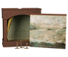 PRE-ORDER: Maileg Theater With Light, Mouse Size (arriving mid-November). Features an ornate backdrop, gold curtain, three small gold stands, and a separate illustrated panel with swans under cloudy skies.