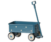 PRE-ORDER: Maileg Wagon, Mouse - Blue—features white polka dots, white wheels with blue centers, and a long handle. A charming metal toy wagon for mouse family accessories. Estimated arrival mid September.