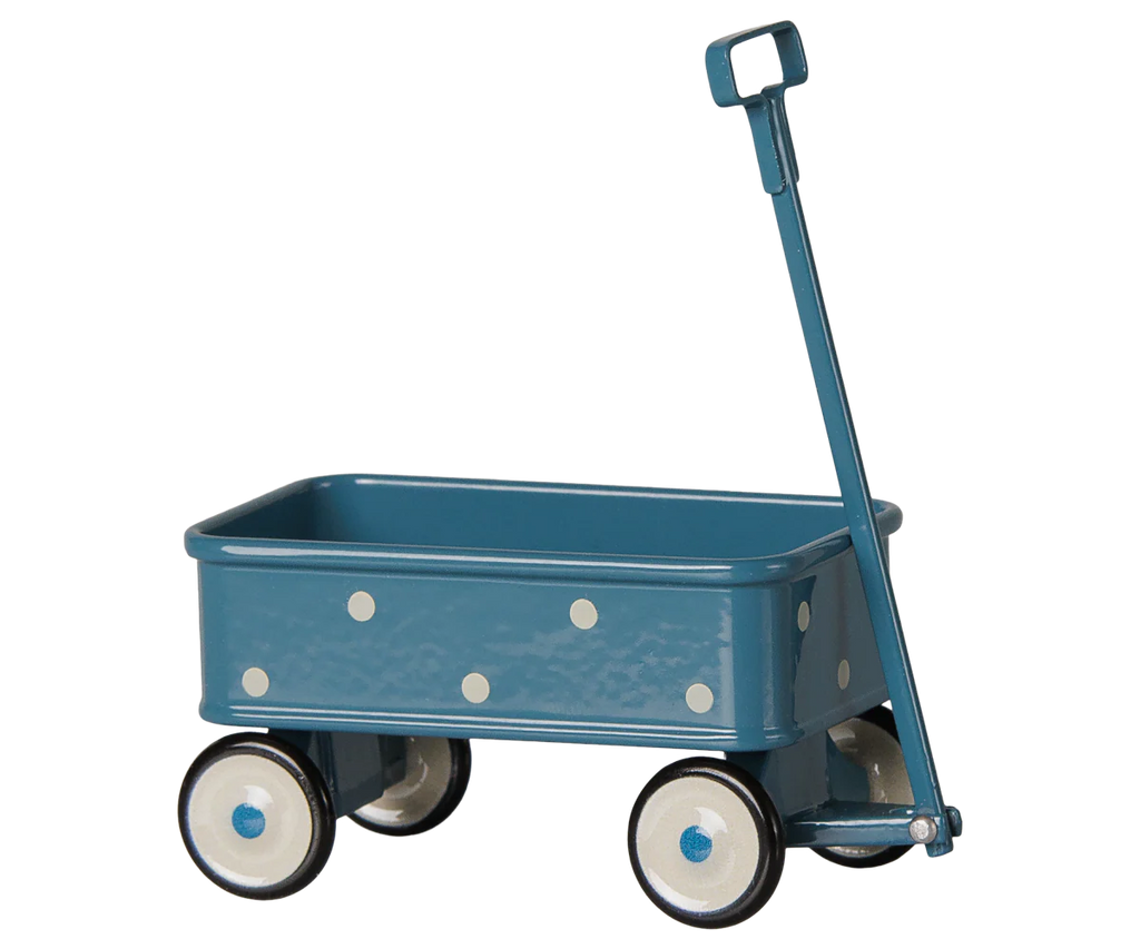 PRE-ORDER: Maileg Wagon, Mouse - Blue—features white polka dots, white wheels with blue centers, and a long handle. A charming metal toy wagon for mouse family accessories. Estimated arrival mid September.