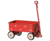 The PRE-ORDER: Maileg Wagon, Mouse - Red features white polka dots, four white wheels with black rims, and a long red handle. A classic metal accessory for mouse families. Estimated arrival mid September. Plain white background.