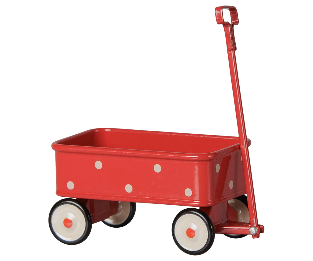 The PRE-ORDER: Maileg Wagon, Mouse - Red features white polka dots, four white wheels with black rims, and a long red handle. A classic metal accessory for mouse families. Estimated arrival mid September. Plain white background.