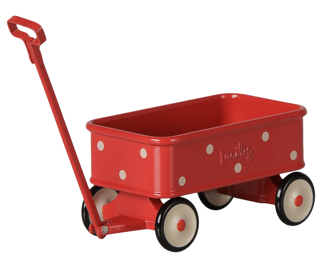 PRE-ORDER: Maileg Wagon, Mouse - Red (Estimated Arrival Mid September). This small red metal wagon with white polka dots and a long handle is perfect as a charming accessory for your mouse family.
