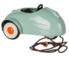 The PRE-ORDER Maileg Car, Mouse - Light Mint (arriving mid-August) is a small, vintage-style mint green pull-along toy car with white and orange wheels, brown pull string, perfect for charming toy mice play.