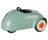 A PRE-ORDER Maileg Car, Mouse in light mint with white wheels and orange centers, plus a black steering wheel, shown from the side on a white background. Estimated arrival: mid August.