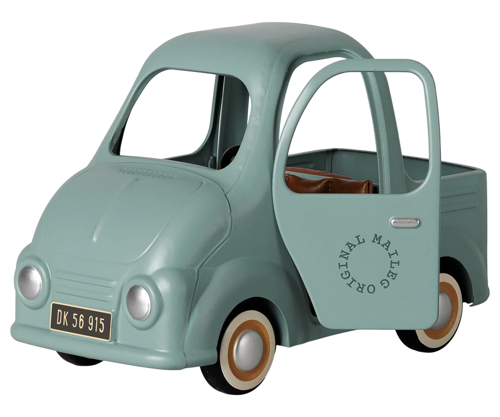 PRE-ORDER: Maileg Truck, Mouse—vintage-style toy car in pastel green with open driver door, brown seats, round headlights, whitewall tires, "Official Mail" on the side, and license plate "DK 56 915." Arriving early November.