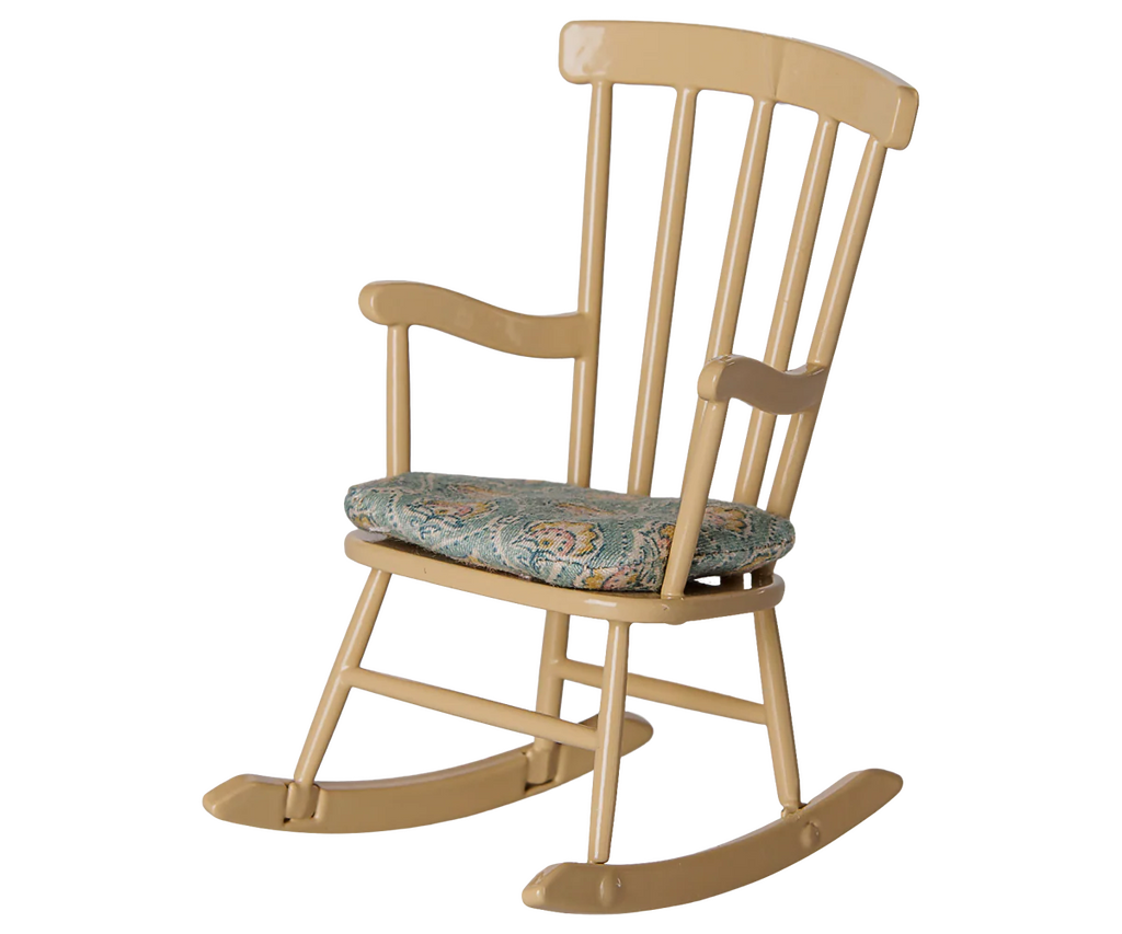 Pre-order the Mouse - Wheat Rocking Chair, arriving mid-August, featuring a light brown wood finish, vertical slat backrest, and soft cushion seat—perfect for cozy Mouse hole Farmhouse charm in any room.