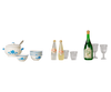 The PRE-ORDER: Maileg Soup Set, Mouse (Estimated Arrival Early November) features miniature blue flower dishes—three bowls, a lidded tureen with spoon, two labeled glass bottles, a green Perrier bottle, and three clear glasses on a white background.