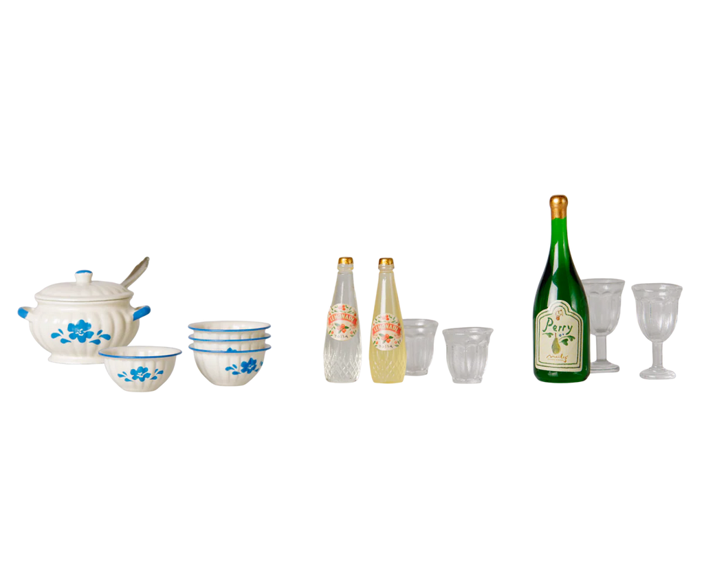 The PRE-ORDER: Maileg Soup Set, Mouse (Estimated Arrival Early November) features miniature blue flower dishes—three bowls, a lidded tureen with spoon, two labeled glass bottles, a green Perrier bottle, and three clear glasses on a white background.