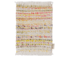 A rectangular woven PRE-ORDER: Maileg Rug, Mouse, Mini - Multi stripe swatch features white fringed edges and horizontal yellow, pink, orange, and white stripes. Includes a right fabric tag—ideal as a stylish living room sample. Estimated arrival mid September.