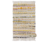The PRE-ORDER: Maileg Rug, Mouse, Small - Multi Stripe features a rectangular white base with yellow, blue, green, and orange stripes. It includes fringed short edges and a small tag; ideal for the living room. Estimated arrival: Mid September.