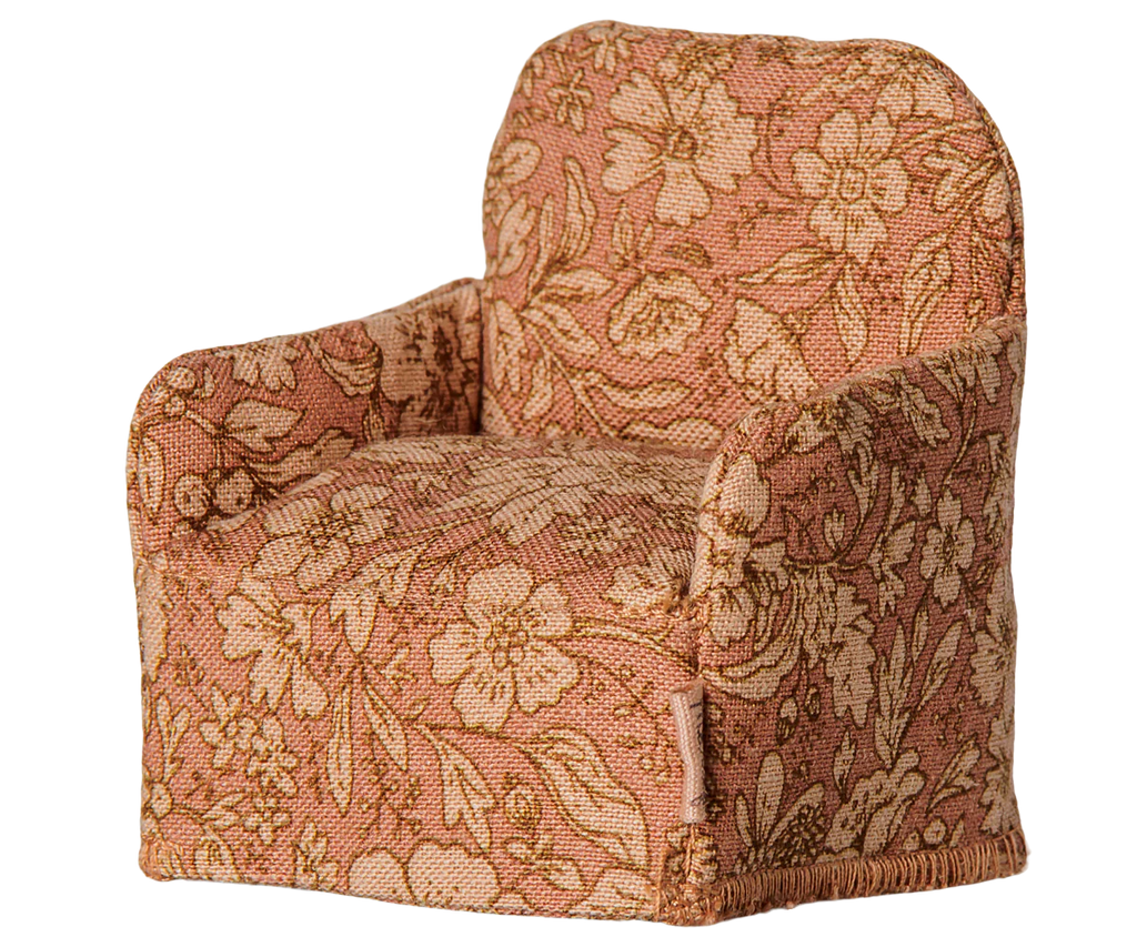 The PRE-ORDER: Maileg Folding Chair, Mouse - Flower (arriving early November) features a floral fabric and is ideal for dollhouse settings or as a Maileg chair, with rounded arms and backrest, shown on a white background.