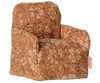 PRE-ORDER: Maileg Folding Chair, Mouse - Flower. This small chair features pink fabric with a beige floral pattern—ideal for dollhouse or Mouse hole Farmhouse scenes. Estimated arrival early November. Photographed against a white background.