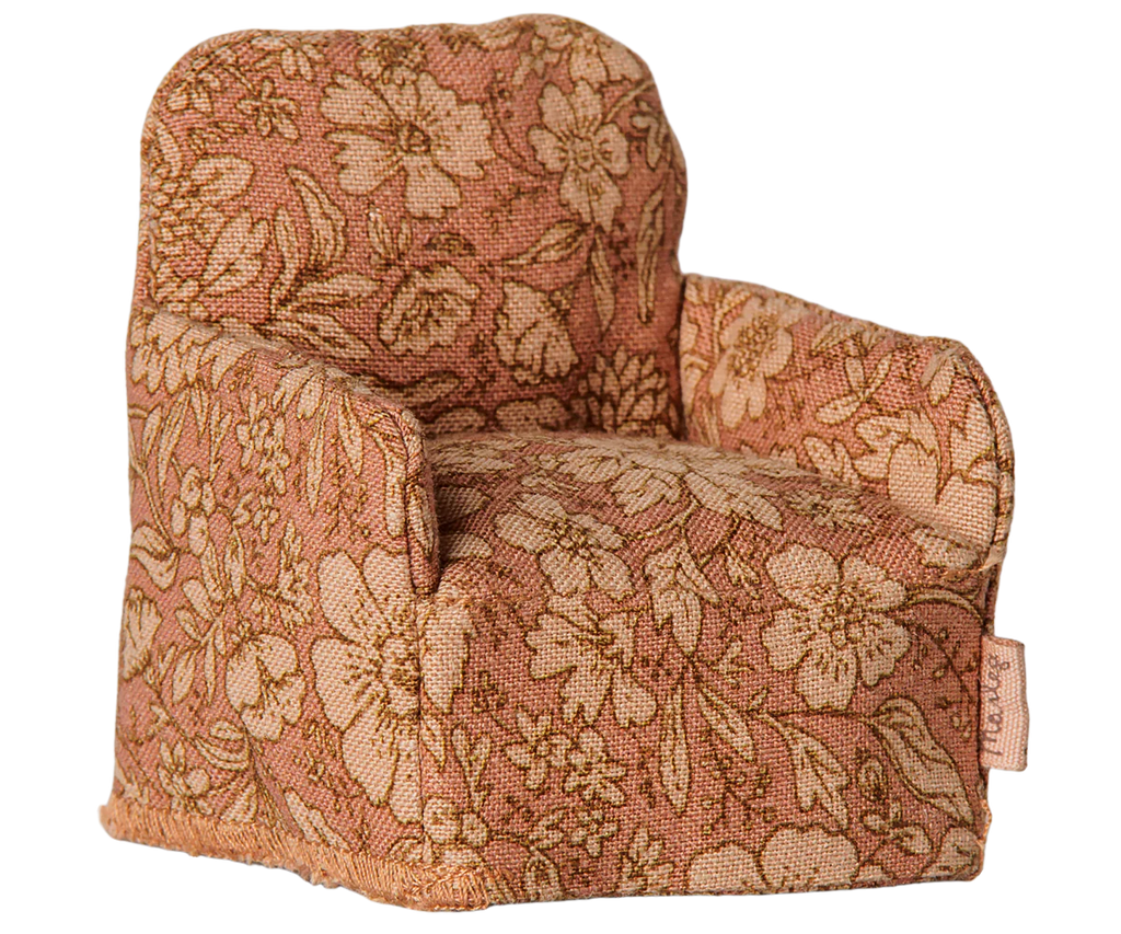 PRE-ORDER: Maileg Folding Chair, Mouse - Flower. This small chair features pink fabric with a beige floral pattern—ideal for dollhouse or Mouse hole Farmhouse scenes. Estimated arrival early November. Photographed against a white background.