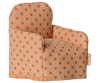 Pre-order the Maileg Folding Chair, Mouse - Dots (arriving mid-September), a charming miniature chair with orange polka dots—perfect for dollhouses, Mouse hole Farmhouse setups, or as a cute decorative piece for your collection.