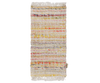 The PRE-ORDER: Maileg Rug, Miniature, Medium - Multi Stripe (Estimated Arrival Mid September) is a rectangular woven rug with a textured pattern in light, yellow, orange, and red stripes and white fringe on both short ends—perfect for a living room.