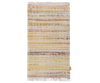 The PRE-ORDER: Maileg Rug, Miniature, Large - Multi Stripe features horizontal stripes in yellow, white, pink, and gray on a light background with fringed edges. Its woven, textured look adds handmade style to your living room. Estimated arrival mid September.
