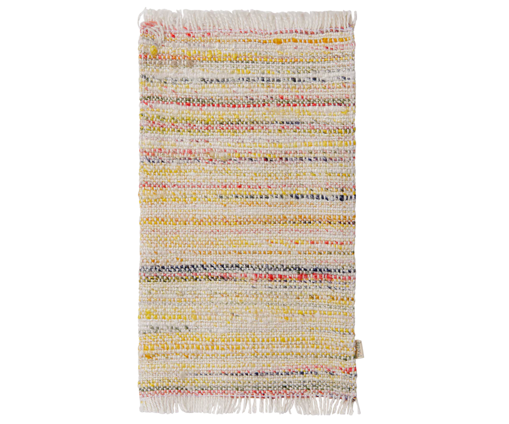 The PRE-ORDER: Maileg Rug, Miniature, Large - Multi Stripe features horizontal stripes in yellow, white, pink, and gray on a light background with fringed edges. Its woven, textured look adds handmade style to your living room. Estimated arrival mid September.