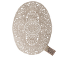 PRE-ORDER: Maileg Lace Rug, Mouse—an oval beige crochet doily with intricate symmetrical patterns and a small fabric tag, ideal as a lace rug or dollhouse decor. Estimated arrival: mid September.