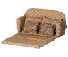 PRE-ORDER: Maileg Sofa Bed, Mouse, Large - Ocher. A miniature toy sofa bed with a yellow and orange floral pattern, two matching pillows, and an extended section—perfect for mice. Estimated arrival: early October.