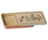 PRE-ORDER: Maileg Metal Box with Sliding Lid - Christmas Mice. Features a rectangular shape, partially open lid with illustrations of a mouse and bear, plus pine trees. "LIMITED EDITION" at the bottom—a perfect gift card box. Arrives early October.