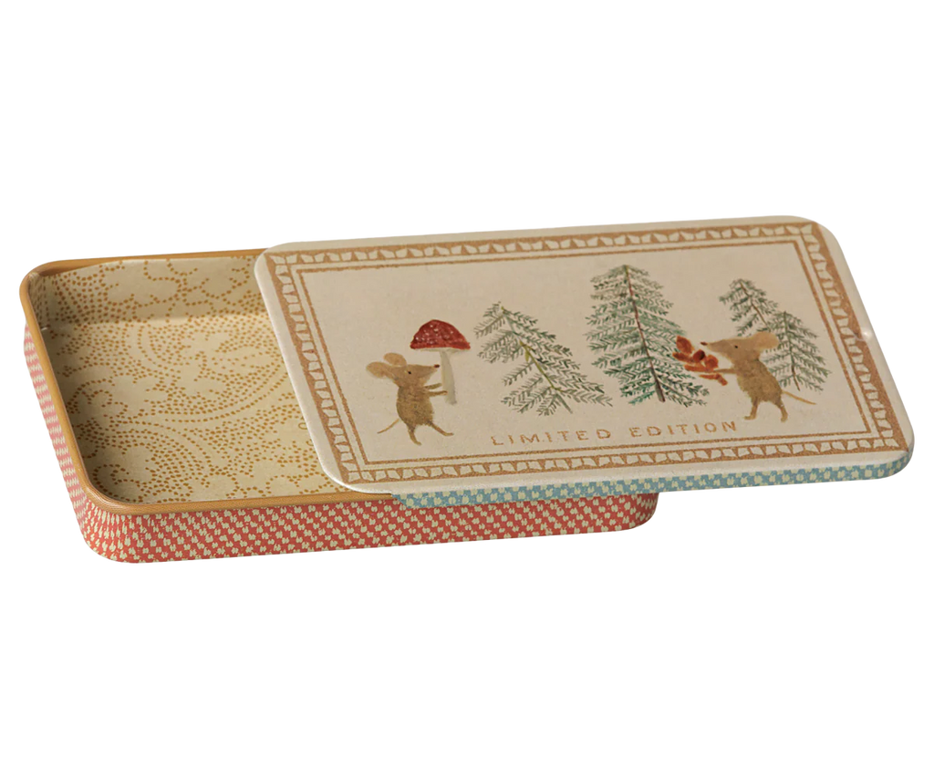 PRE-ORDER: Maileg Metal Box with Sliding Lid - Christmas Mice. Features a rectangular shape, partially open lid with illustrations of a mouse and bear, plus pine trees. "LIMITED EDITION" at the bottom—a perfect gift card box. Arrives early October.