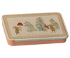 PRE-ORDER: Maileg Metal Box with Sliding Lid - Christmas Mice. Features two mice among pine trees, one with a mushroom, one with leaves. "LIMITED EDITION" on lid. Sides have a red and white woven pattern; ideal as a gift card box. Arrives early October.