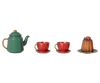 PRE-ORDER the Maileg Christmas Tea Party, Mouse - Red/Green set, featuring a festive green teapot, two red teacups with saucers, and dessert with red berries. Estimated arrival: early November.